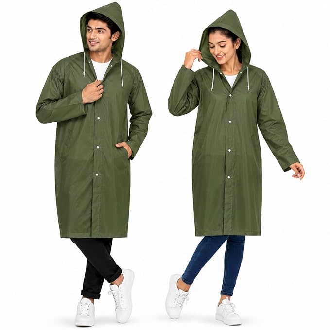 MIKANIX Waterproof Hooded Raincoat for Men & Women | Full Length Reusable PVC Rain Wear | Lightweight Windproof Rain Jacket with Front Button Closure & Pockets