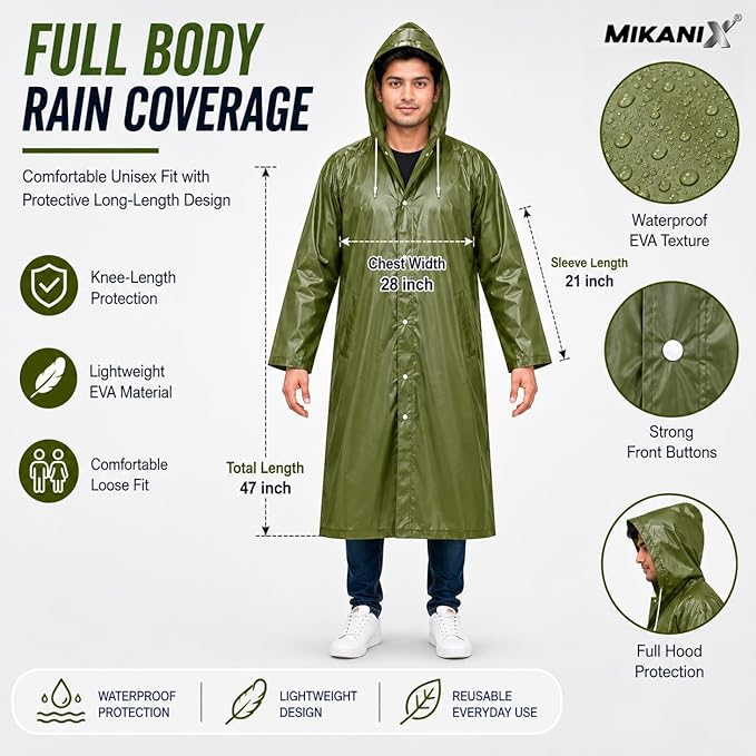 MIKANIX Waterproof Hooded Raincoat for Men & Women | Full Length Reusable PVC Rain Wear | Lightweight Windproof Rain Jacket with Front Button Closure & Pockets