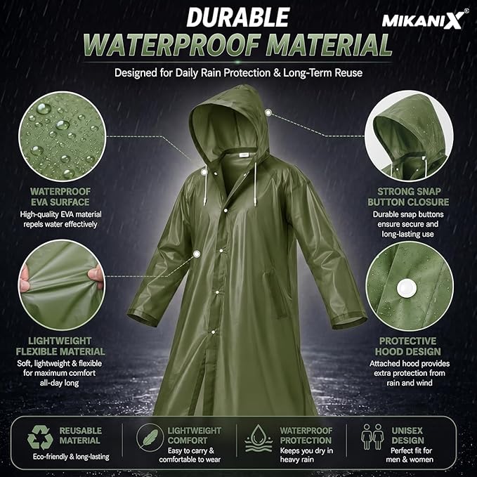 MIKANIX Waterproof Hooded Raincoat for Men & Women | Full Length Reusable PVC Rain Wear | Lightweight Windproof Rain Jacket with Front Button Closure & Pockets
