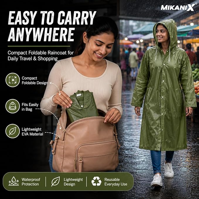 MIKANIX Waterproof Hooded Raincoat for Men & Women | Full Length Reusable PVC Rain Wear | Lightweight Windproof Rain Jacket with Front Button Closure & Pockets