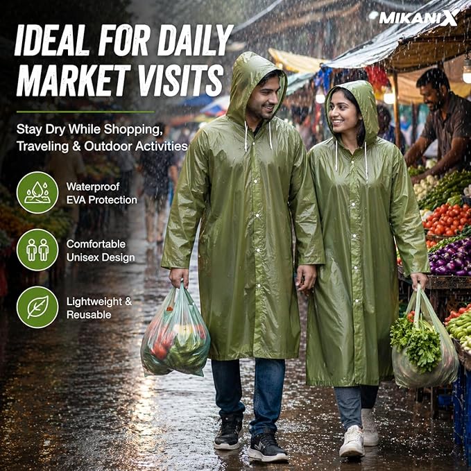 MIKANIX Waterproof Hooded Raincoat for Men & Women | Full Length Reusable PVC Rain Wear | Lightweight Windproof Rain Jacket with Front Button Closure & Pockets