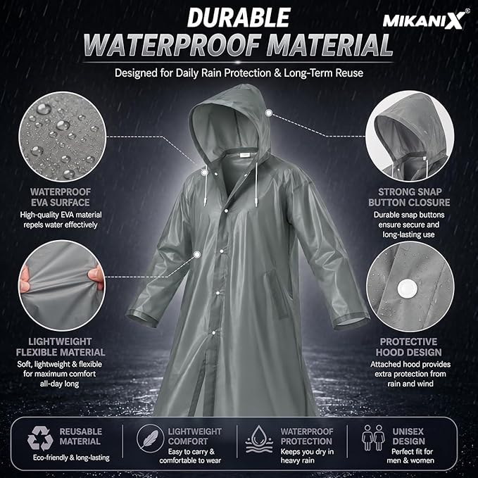MIKANIX Waterproof Hooded Raincoat for Men & Women | Full Length Reusable PVC Rain Wear | Lightweight Windproof Rain Jacket with Front Button Closure & Pockets