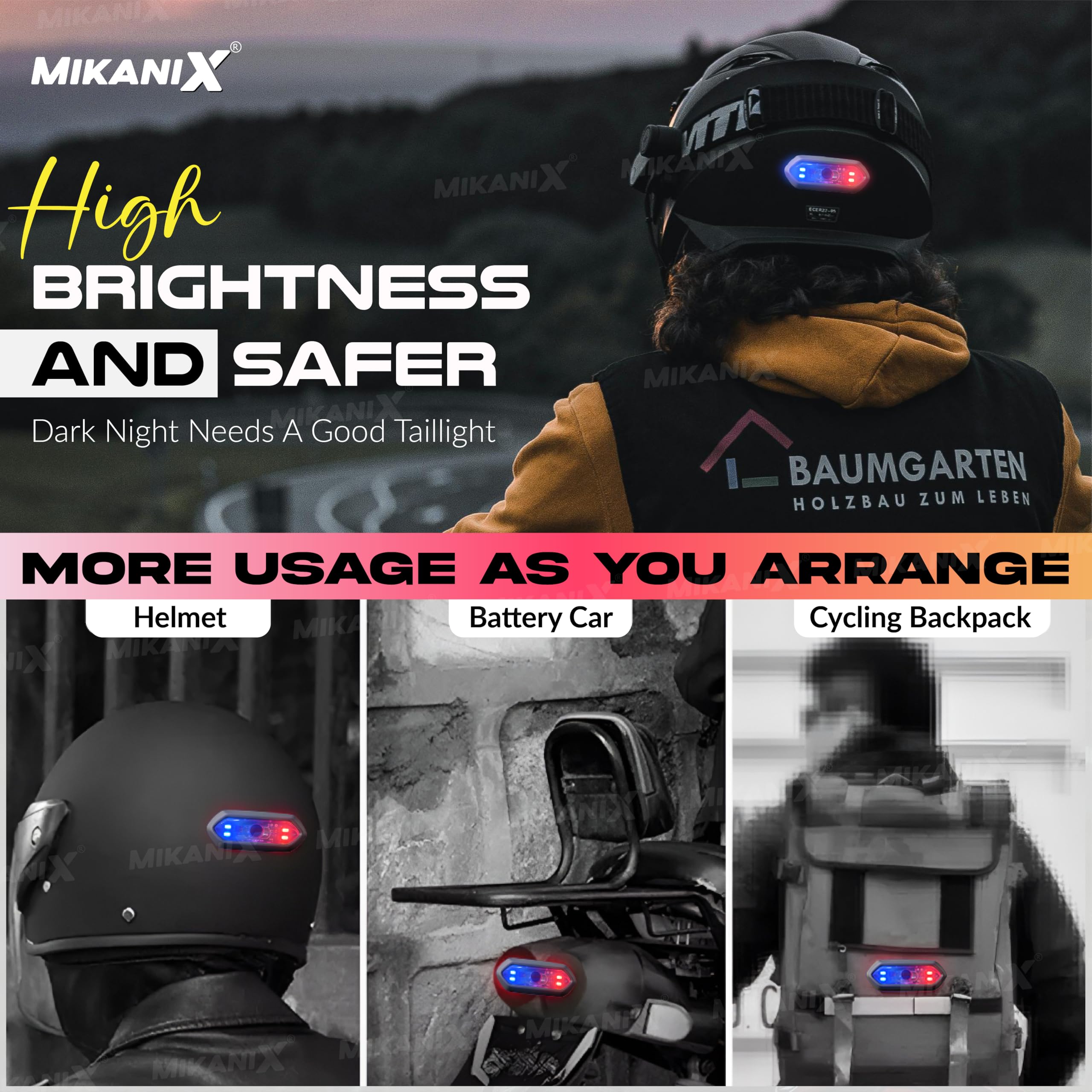 MIKANIX ABS Universal Helmet LED PCR Light with 3 Modes of Flashing | Blinking Strobe Rear Warning Red Safety Night Riding Light USB Charging Cable