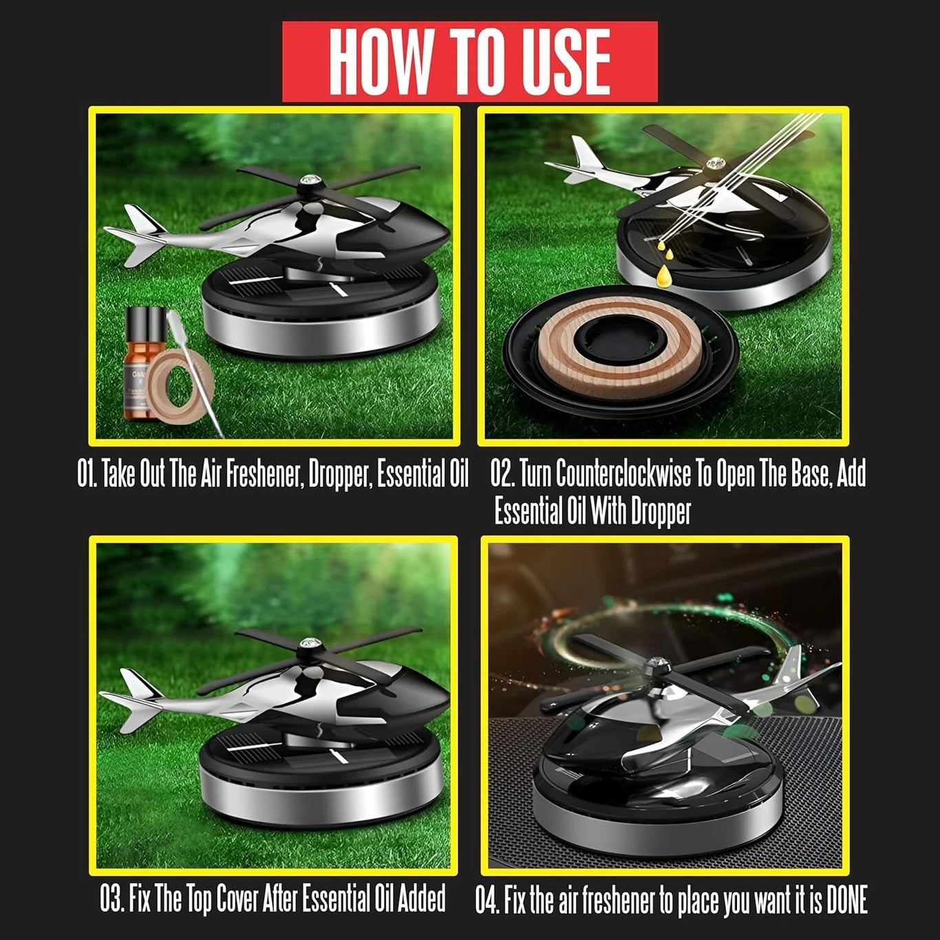 BRXR Solar Powered Rotating Air Freshener | Perfume | Helicopter Design Portable Car Air Purifier (Black)