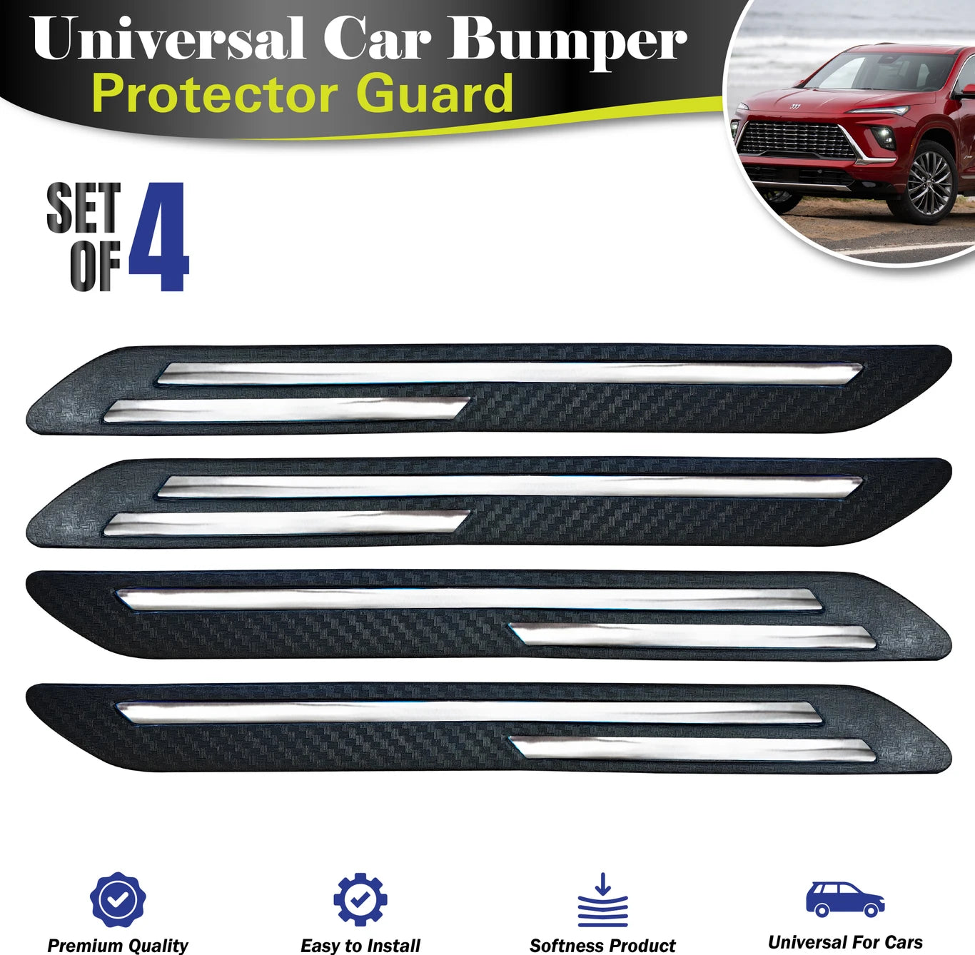 BRXR Rubber Car Bumper Guard (Black, Silver, Pack of 4, Universal For Car, Universal For Car)