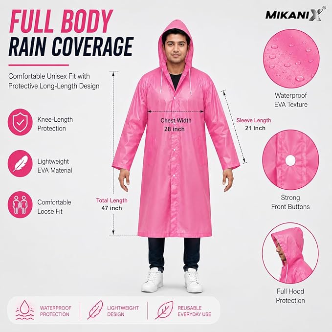 MIKANIX Waterproof Hooded Raincoat for Men & Women | Full Length Reusable PVC Rain Wear | Lightweight Windproof Rain Jacket with Front Button Closure & Pockets