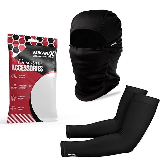 BRXR Unisex Full Face Mask | Balaclava Black + Hand Protective Syntetic Arm Sleeve for Bikers Riders, Cyclists and Outdoor Workers to Protect from Dust and UV Rays