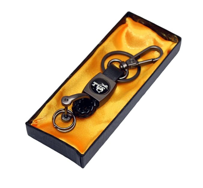 OBEROI'S TRADERS Premium Leather Anti-Rust Key Chain With 2 Key Rings & 1 Locking Hook Comptabile With/For TVS All Bikes