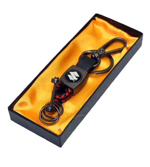 OBEROI'S TRADERS Premium Leather Anti-Rust Key Chain With 2 Key Rings & 1 Locking Hook For Suzuki All Bikes and Cars