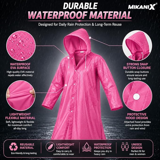 MIKANIX Waterproof Hooded Raincoat for Men & Women | Full Length Reusable PVC Rain Wear | Lightweight Windproof Rain Jacket with Front Button Closure & Pockets