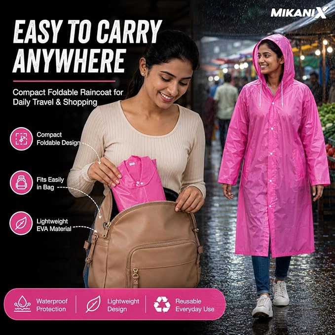 MIKANIX Waterproof Hooded Raincoat for Men & Women | Full Length Reusable PVC Rain Wear | Lightweight Windproof Rain Jacket with Front Button Closure & Pockets