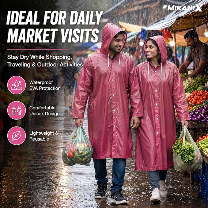 MIKANIX Waterproof Hooded Raincoat for Men & Women | Full Length Reusable PVC Rain Wear | Lightweight Windproof Rain Jacket with Front Button Closure & Pockets