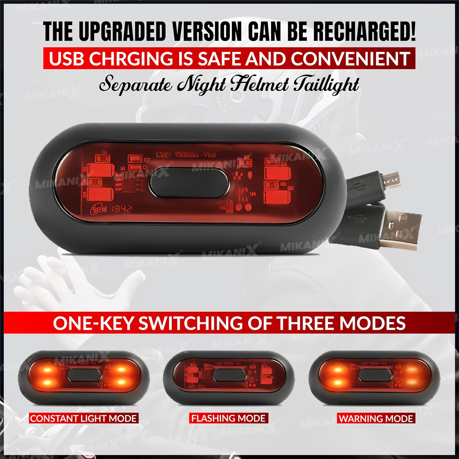 MIKANIX ABS Universal Helmet LED PCR Light with 3 Modes of Flashing | Blinking Strobe Rear Warning Red Safety Night Riding Light USB Charging Cable