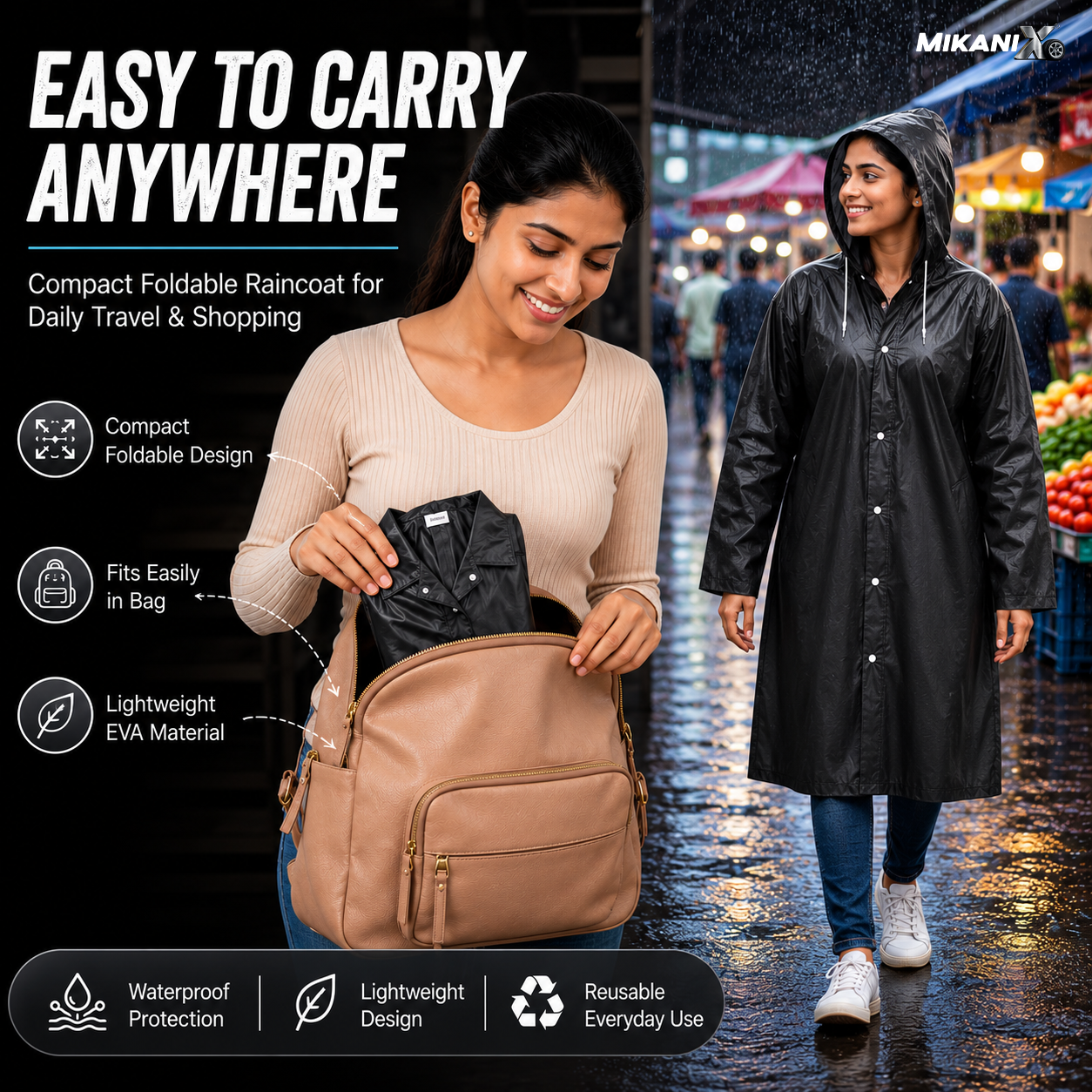 MIKANIX Waterproof Hooded Raincoat for Men & Women | Full Length Reusable PVC Rain Wear | Lightweight Windproof Rain Jacket with Front Button Closure (Pack of 1)