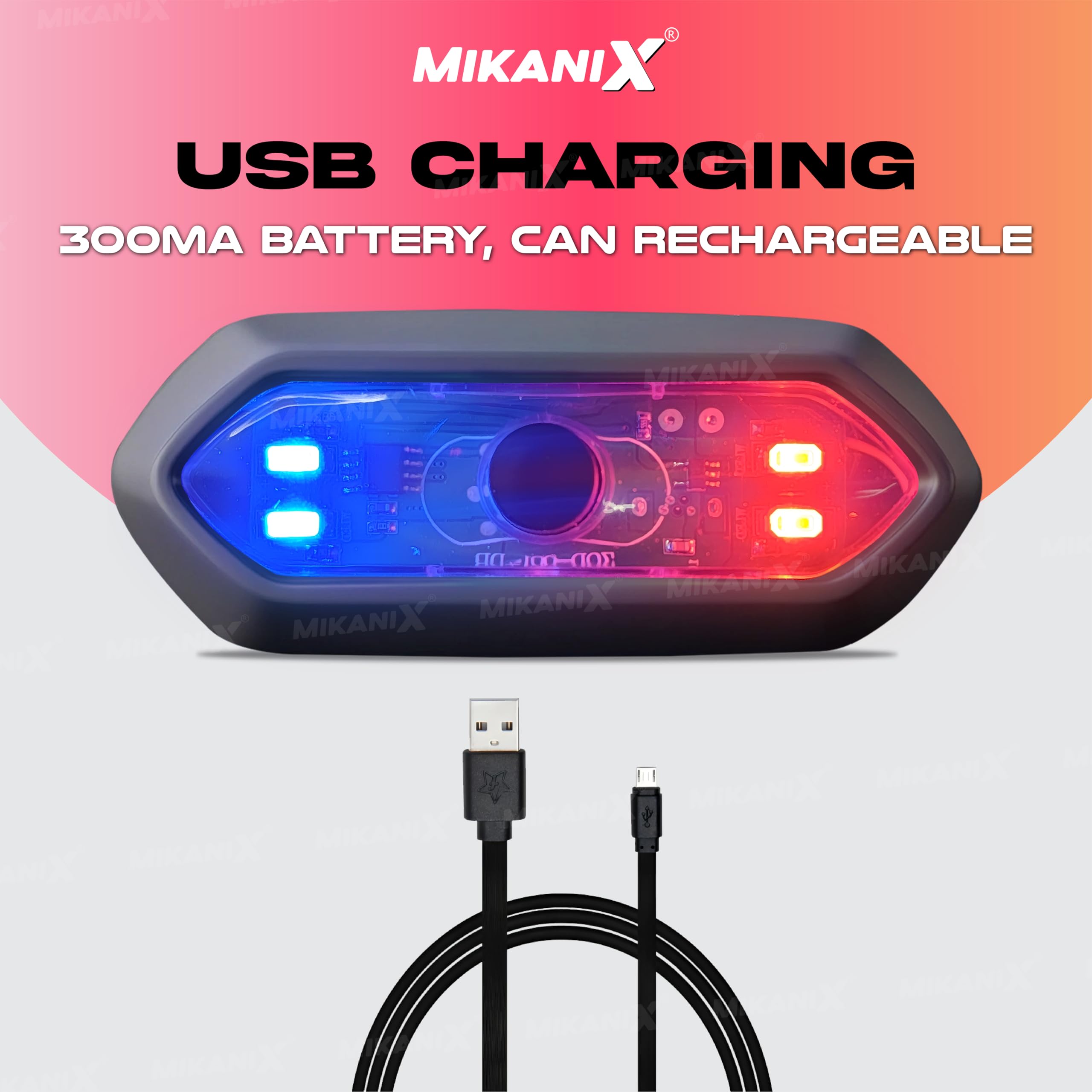 MIKANIX ABS Universal Helmet LED PCR Light with 3 Modes of Flashing | Blinking Strobe Rear Warning Red Safety Night Riding Light USB Charging Cable