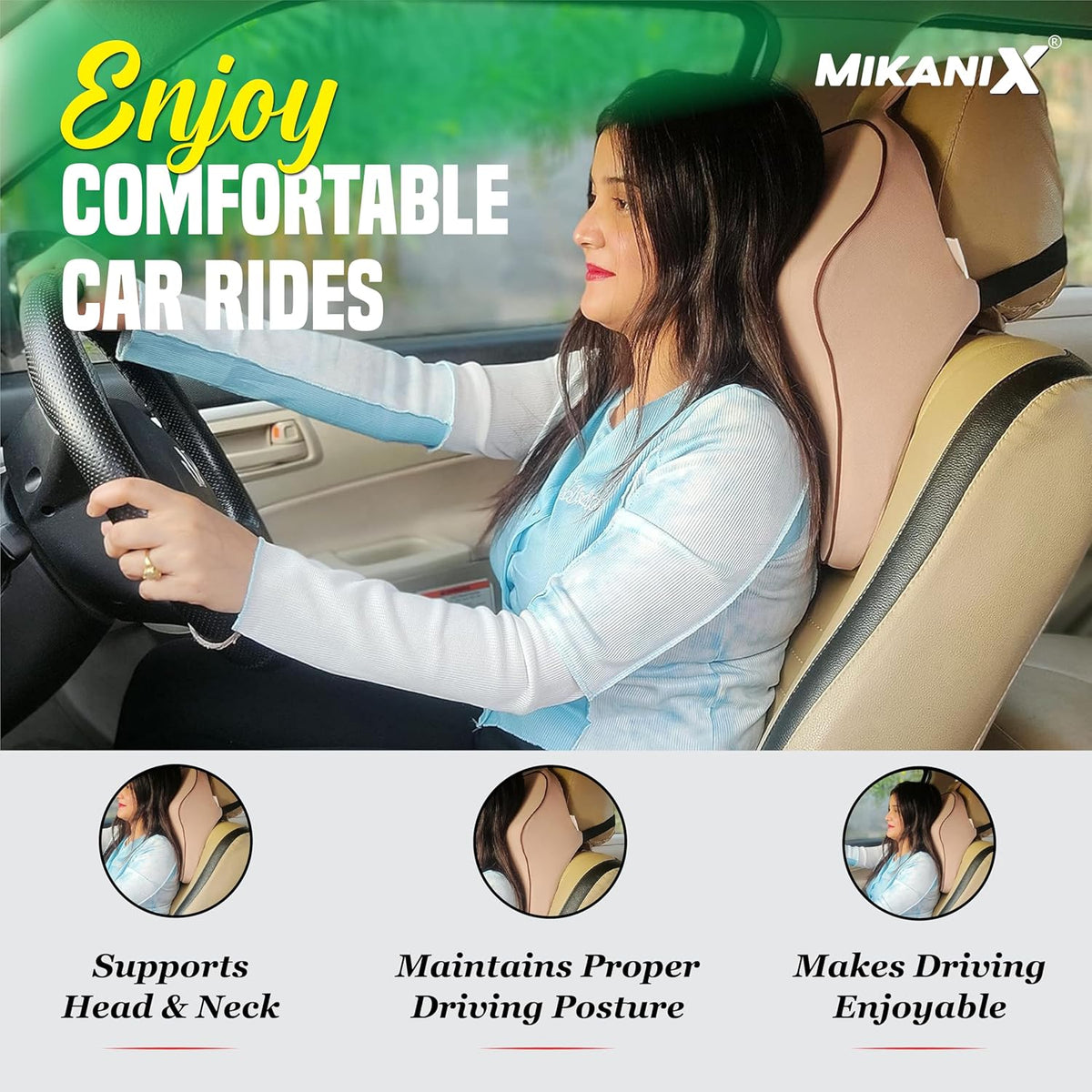 MIKANIX Car Neck Rest Pillow | Seat Cushion | 2 Years Warranty | Ultra Soft Memory Foam for Neck and Cervical Support to Relief Neck Pain & Reduced Tension (Velvet Beige Pack of 2)