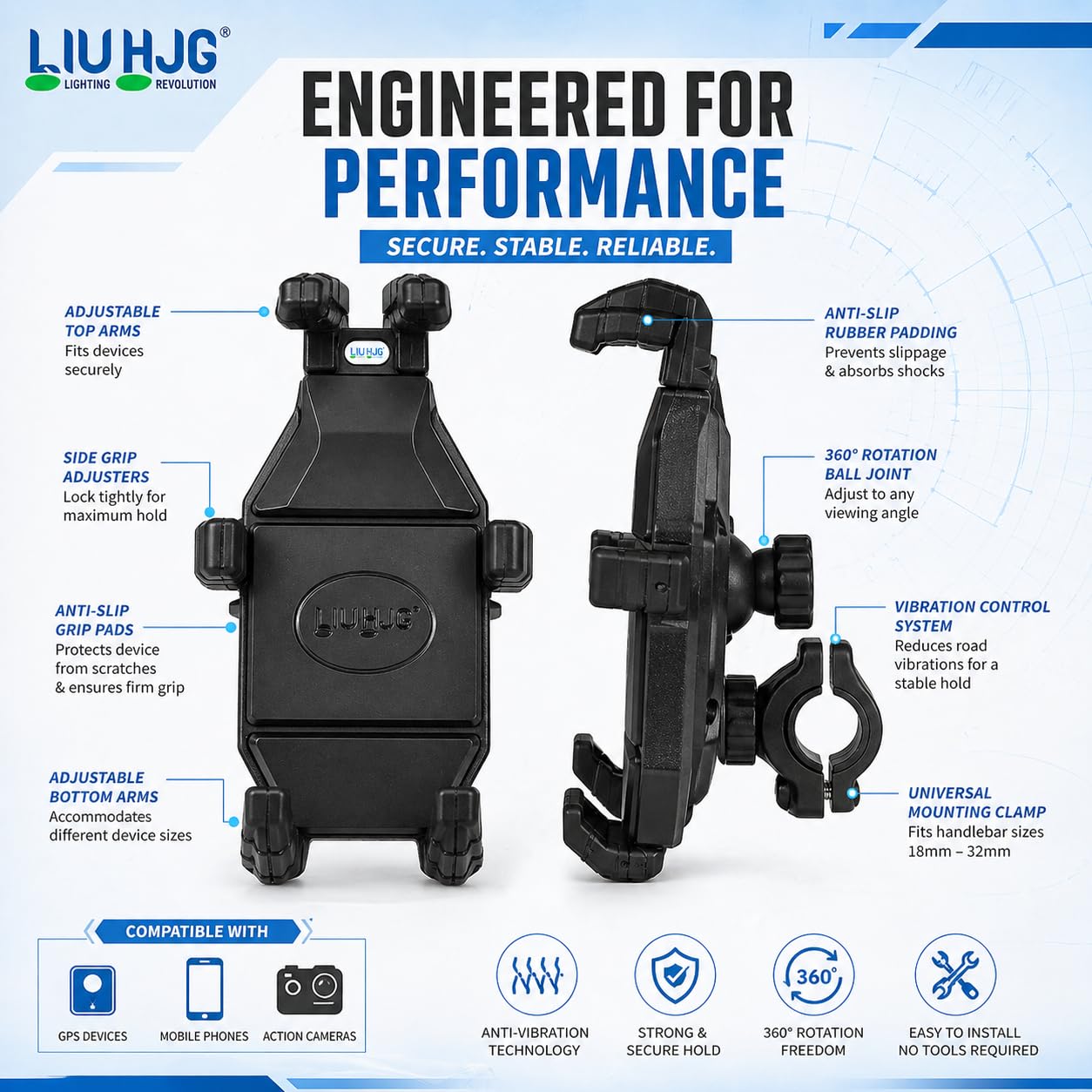 MIKANIX 1 Year Warranty HJG Mobile Holder Stand Adjutable with Handlebar & Mirror Fitting | Anti-Shake Mount | 360° Ball Head Rotation Flexible View Universal for Bike, Bicycles