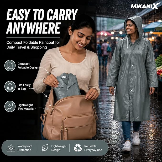 MIKANIX Waterproof Hooded Raincoat for Men & Women | Full Length Reusable PVC Rain Wear | Lightweight Windproof Rain Jacket with Front Button Closure & Pockets