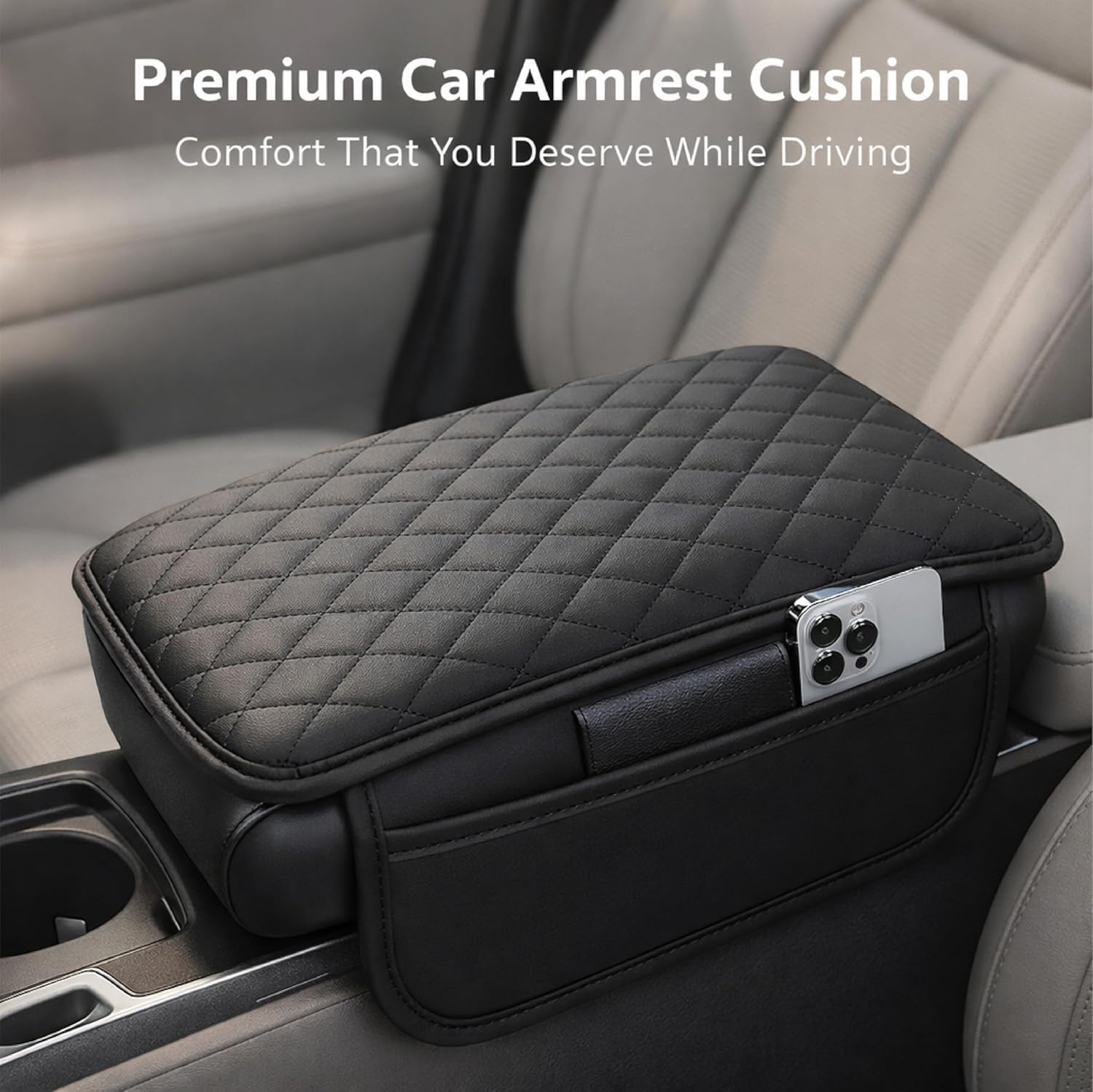 MIKANIX  Premium Car Seat Arm Rest Pad | PU Leather Center Console Cushion with Dual Phone Pockets | Arm Support & Seat Box Protector | Universal Fit for SUV, Truck, Car
