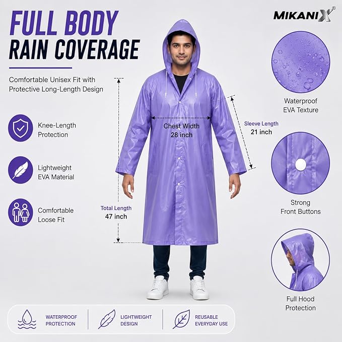 MIKANIX Waterproof Hooded Raincoat for Men & Women | Full Length Reusable PVC Rain Wear | Lightweight Windproof Rain Jacket with Front Button Closure & Pockets