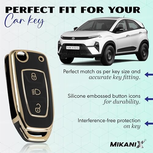 Mikanix Premium Car Key Cover for 3-Button Flip Keys | Stylish Black & Gold Key Shell for Thar, Xuv700, Scorpio-N 2023, Bolero