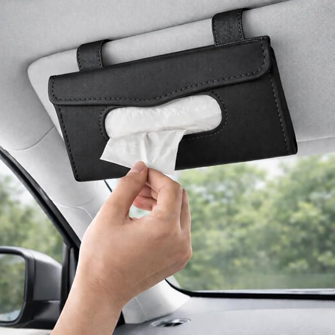 MIKANIX Premium Car Armrest Cushion & Visor Tissue Holder Set | Luxury PU Leather Auto Interior Organizer Combo