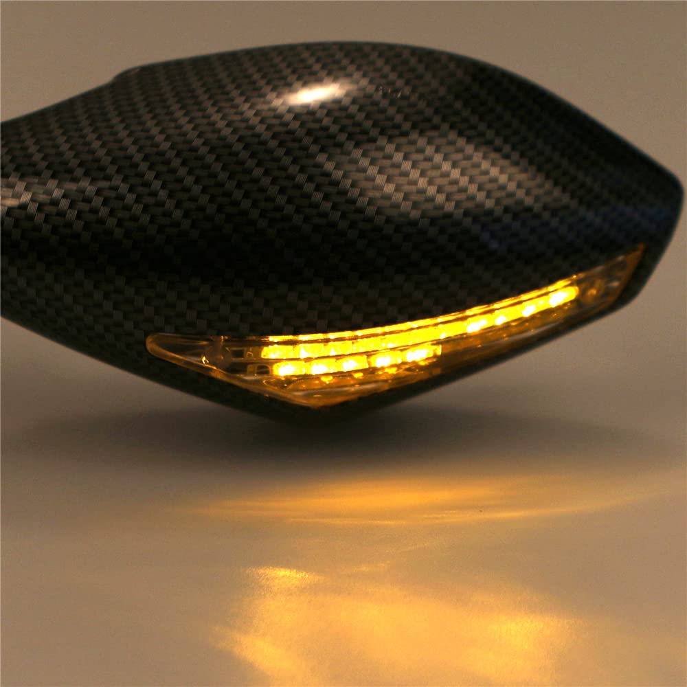 MIKANIX Universal Dual Side LED Light Turn Signal Carbon Mirror With 360° Adjustable Handlebar Rear View Mirror