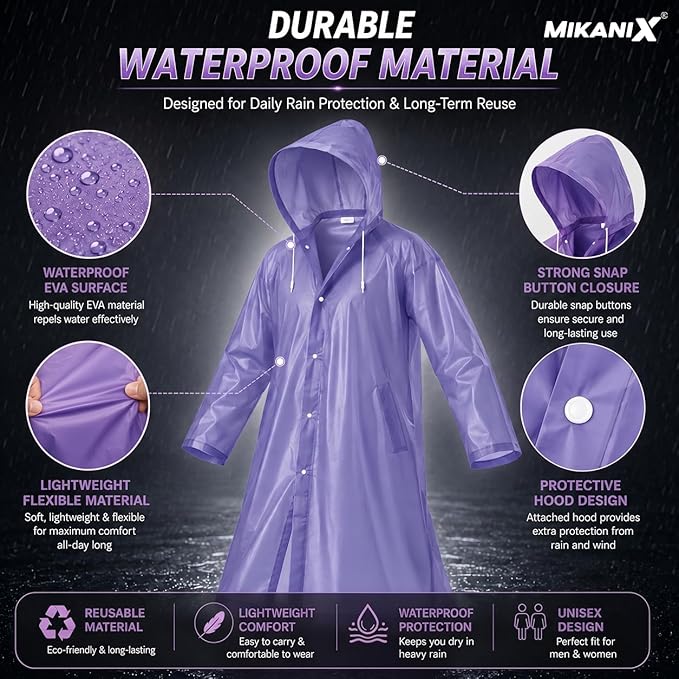 MIKANIX Waterproof Hooded Raincoat for Men & Women | Full Length Reusable PVC Rain Wear | Lightweight Windproof Rain Jacket with Front Button Closure & Pockets