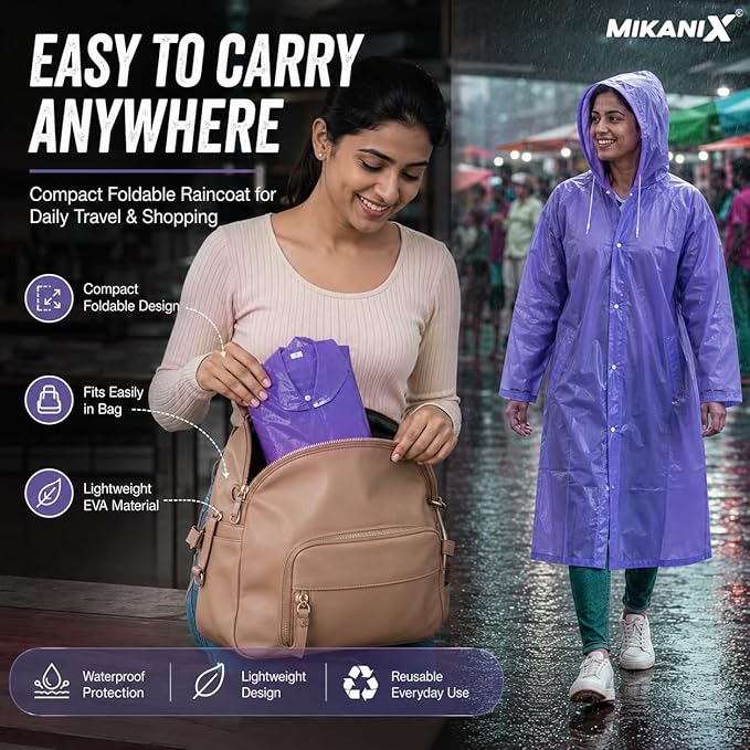MIKANIX Waterproof Hooded Raincoat for Men & Women | Full Length Reusable PVC Rain Wear | Lightweight Windproof Rain Jacket with Front Button Closure & Pockets