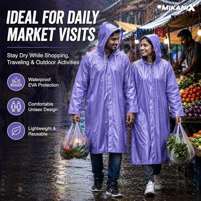 MIKANIX Waterproof Hooded Raincoat for Men & Women | Full Length Reusable PVC Rain Wear | Lightweight Windproof Rain Jacket with Front Button Closure & Pockets