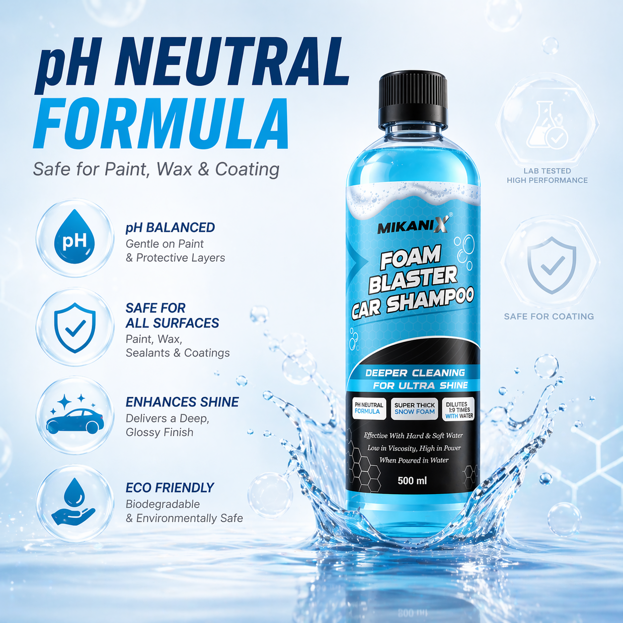 MIKANIX Foam Blaster Car Wash Shampoo | Concentrate Formula With Thick Foam to Remove Dirt & Grime for Car & Bike Exterior Cleaning | pH Neutral | 500 ML | Pack of 1
