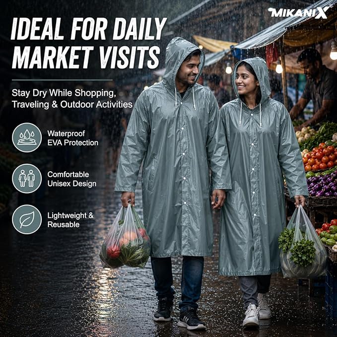MIKANIX Waterproof Hooded Raincoat for Men & Women | Full Length Reusable PVC Rain Wear | Lightweight Windproof Rain Jacket with Front Button Closure & Pockets