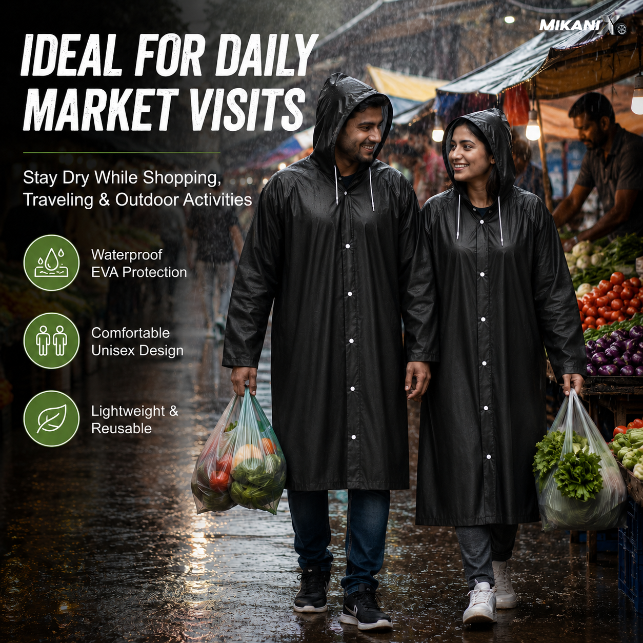 MIKANIX Waterproof Hooded Raincoat for Men & Women | Full Length Reusable PVC Rain Wear | Lightweight Windproof Rain Jacket with Front Button Closure (Pack of 1)
