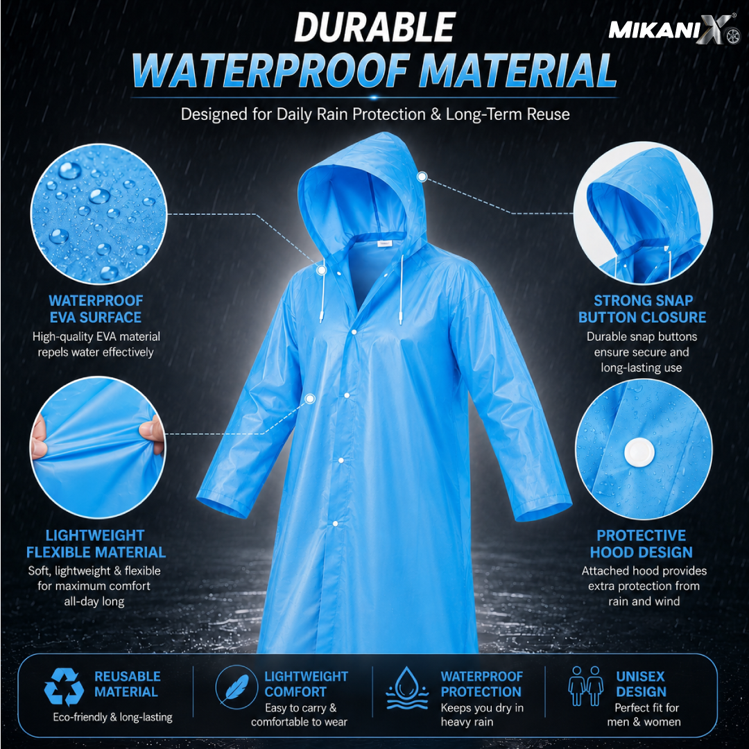 MIKANIX Waterproof Hooded Raincoat for Men & Women | Full Length Reusable PVC Rain Wear | Lightweight Windproof Rain Jacket with Front Button Closure (Pack of 1)
