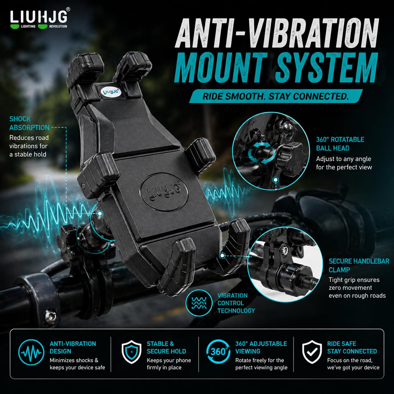MIKANIX 1 Year Warranty HJG Mobile Holder Stand Adjutable with Handlebar & Mirror Fitting | Anti-Shake Mount | 360° Ball Head Rotation Flexible View Universal for Bike, Bicycles