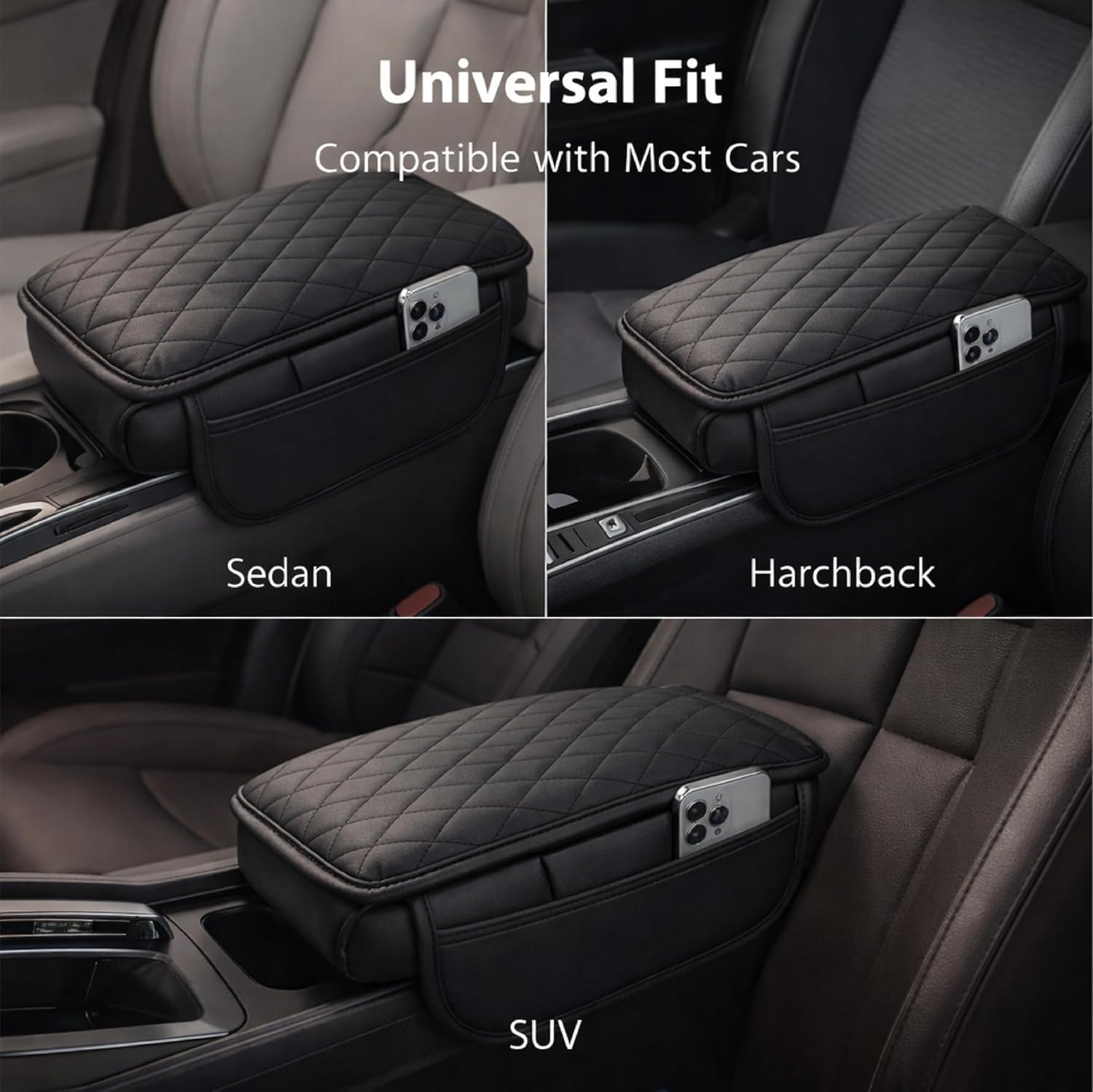 MIKANIX  Premium Car Seat Arm Rest Pad | PU Leather Center Console Cushion with Dual Phone Pockets | Arm Support & Seat Box Protector | Universal Fit for SUV, Truck, Car