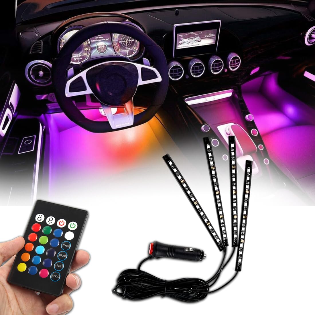 MIKANIX Multicolor Car Dashboard Interior 48 Led Atmophere RGB Light with 4 Strip & Remote for All Cars