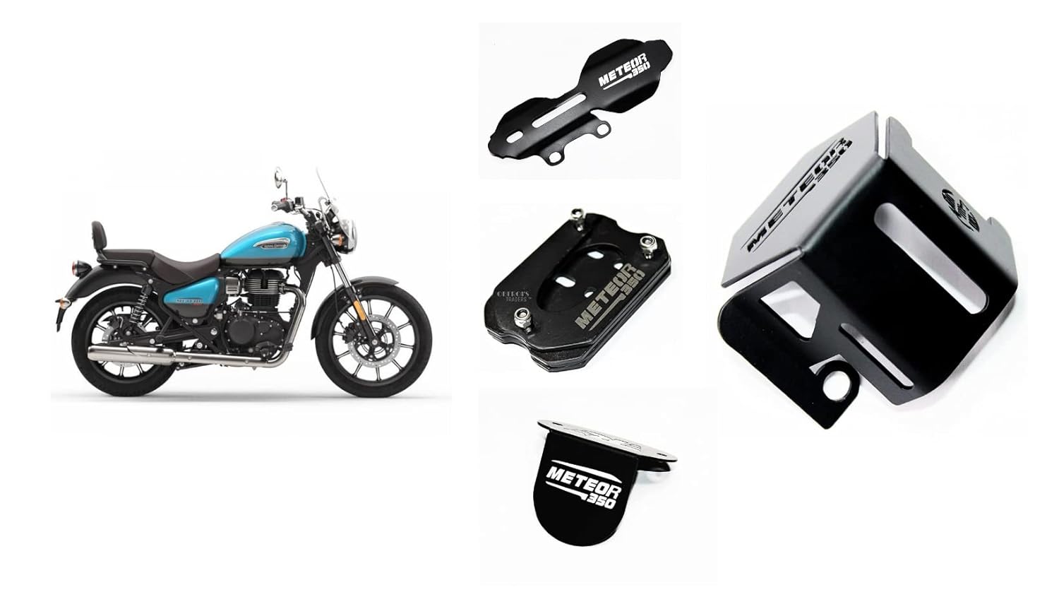 Mikanix Meteor 350 Master Cylinder Guard, Front Oil Reservoir Cap, Side Stand Extender and Rear Brake Oil Container Guard Accessories Combo (Pack of 4) 555