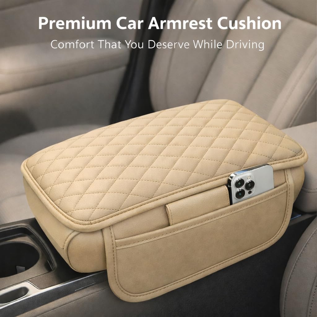 MIKANIX  Premium Car Seat Arm Rest Pad | PU Leather Center Console Cushion with Dual Phone Pockets | Arm Support & Seat Box Protector | Universal Fit for SUV, Truck, Car