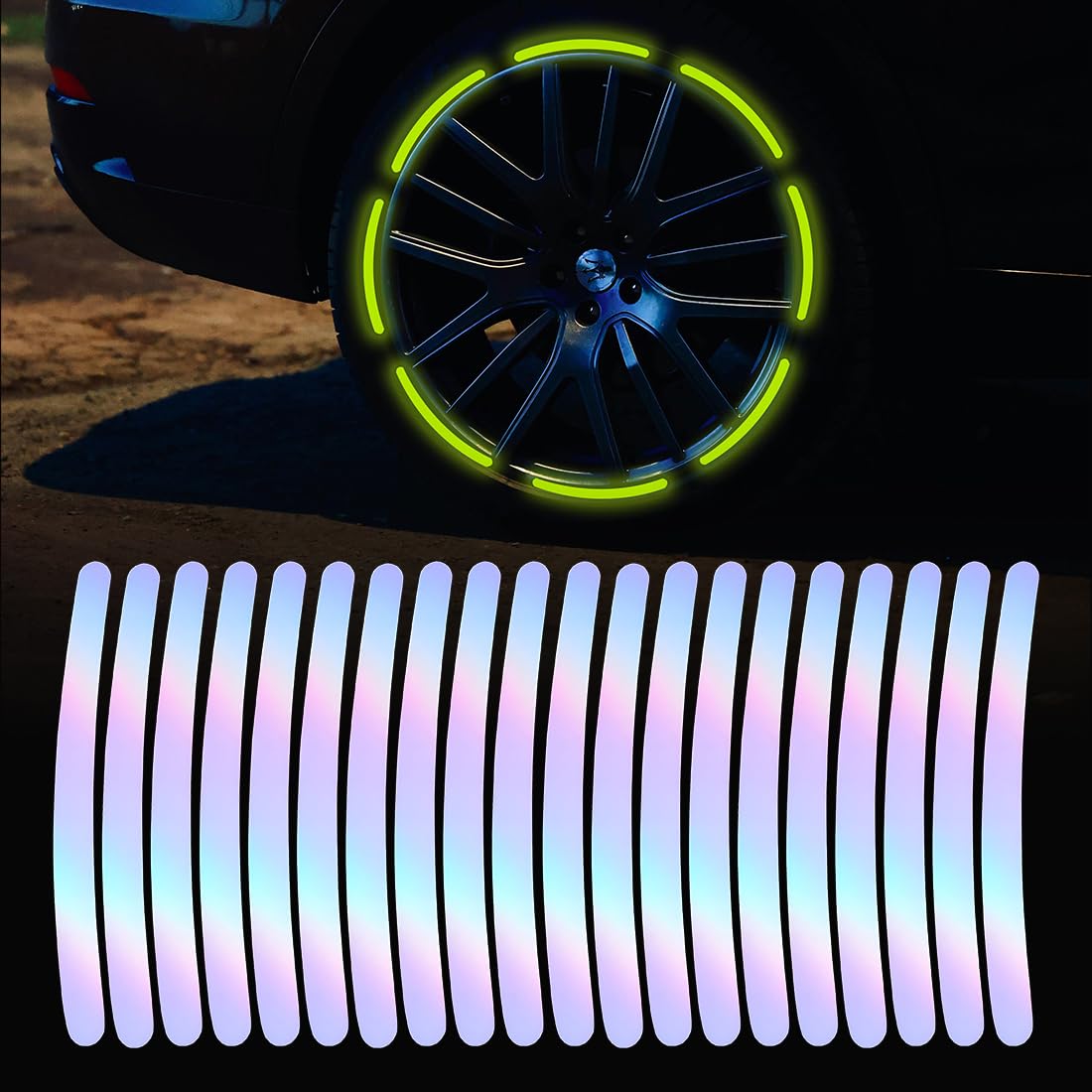 MIKANIX 20pcs Reflective Rim Tape Stickers for Car & Bike Wheels I Multicolor Tyre Strips for Night Visibility Waterproof Glow in Dark Wheel Decals – Universal Fit for Rims, Tyres, Spokes