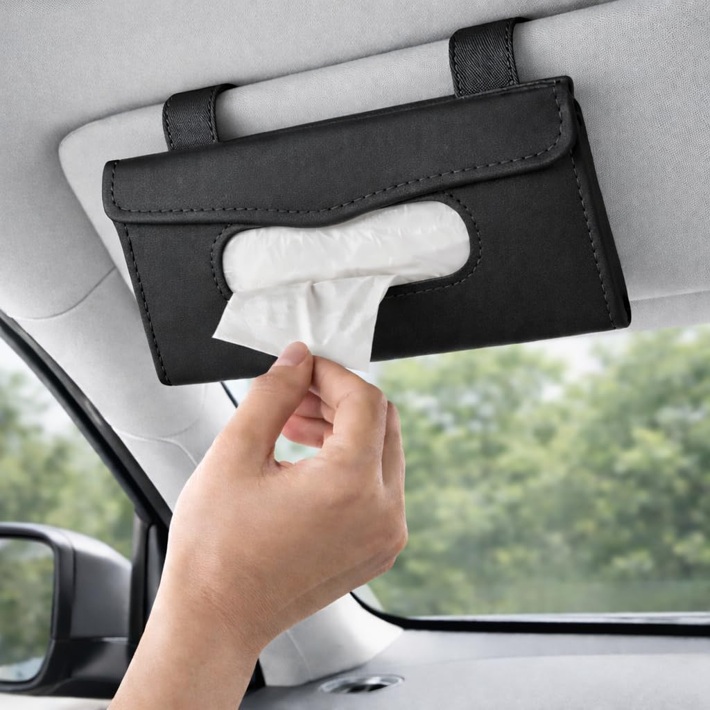MIKANIX Car Sun Visor Tissue Holder | PU Leather Auto Napkin Dispenser with Magnetic Closure, Universal Car Accessories for Interior