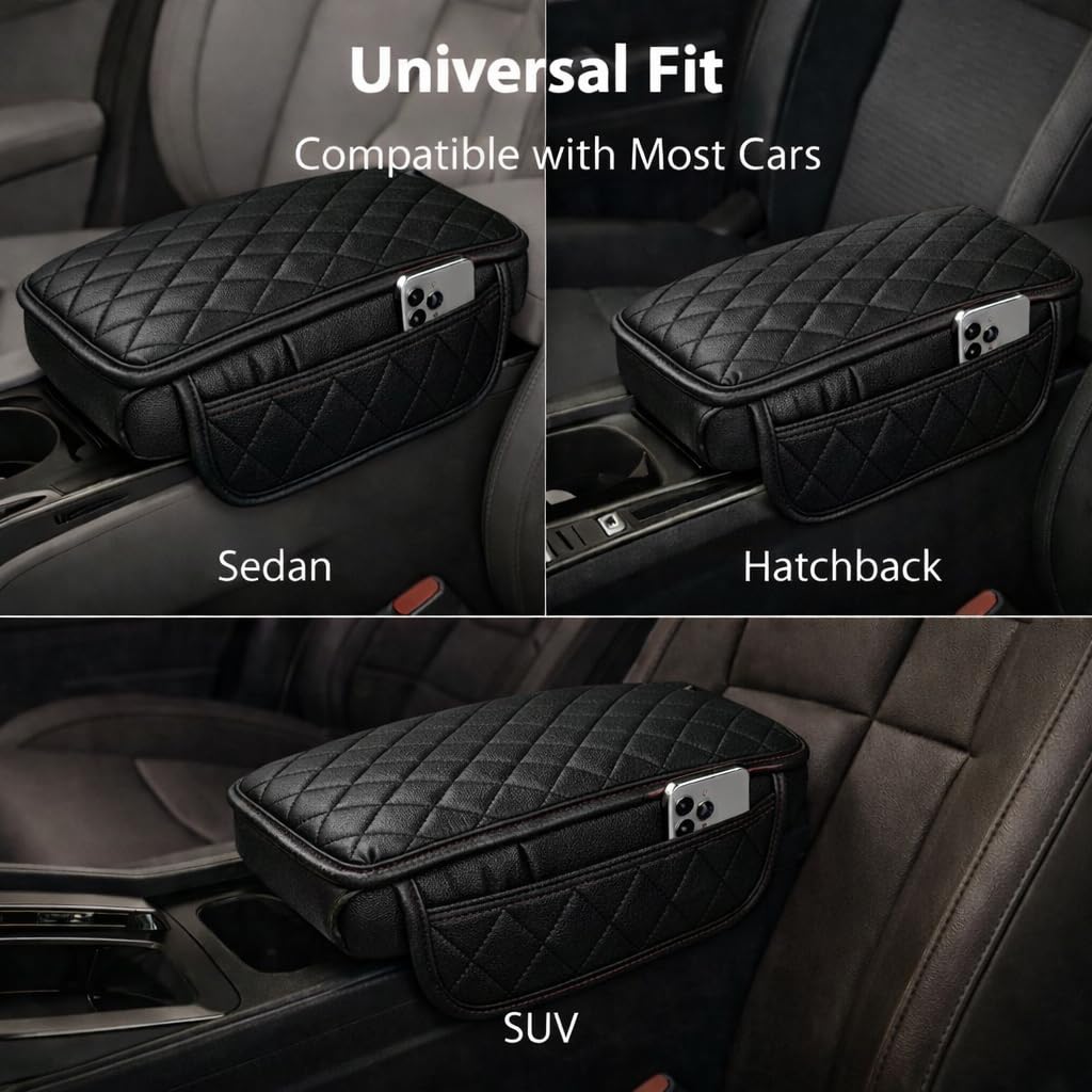 MIKANIX  Premium Car Seat Arm Rest Pad | PU Leather Center Console Cushion with Dual Phone Pockets | Arm Support & Seat Box Protector | Universal Fit for SUV, Truck, Car