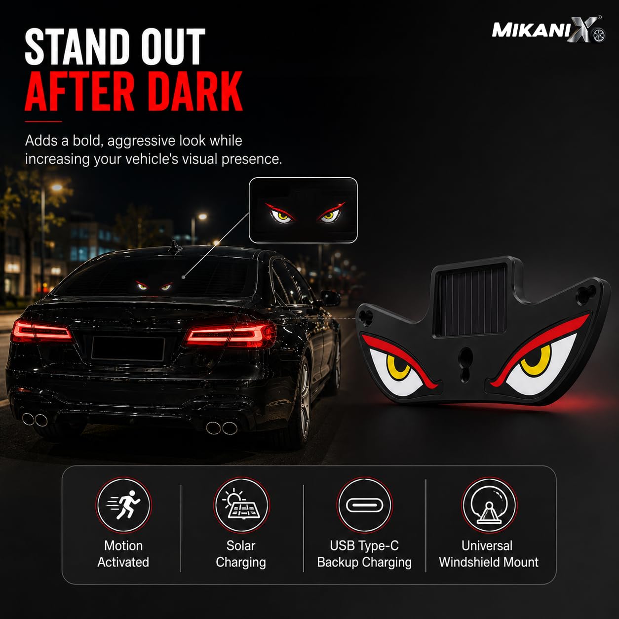 MIKANIX LED Demon Eyes for Car | Solar Powered Wireless Evil Eye Window Light | Dynamic Windshield LED Lamp with Suction Cup Mount | Car Decoration for SUV, Truck, Van & RV