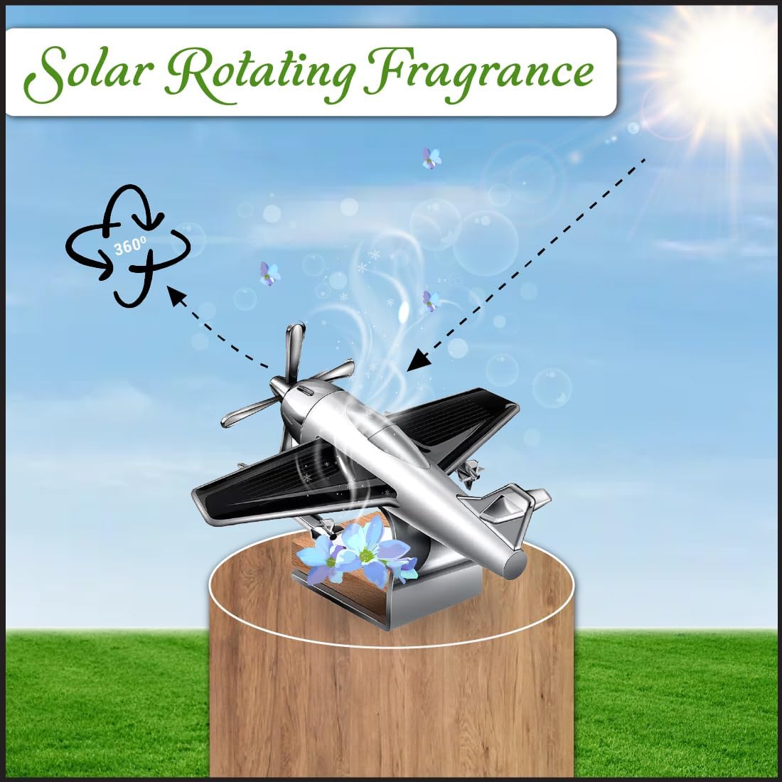 Mikanix Solar Rotating Car Dashboard Air Freshener Pod/Perfume|Double Ring Design For Car Interior & Home Air Freshener (Black), 1 count