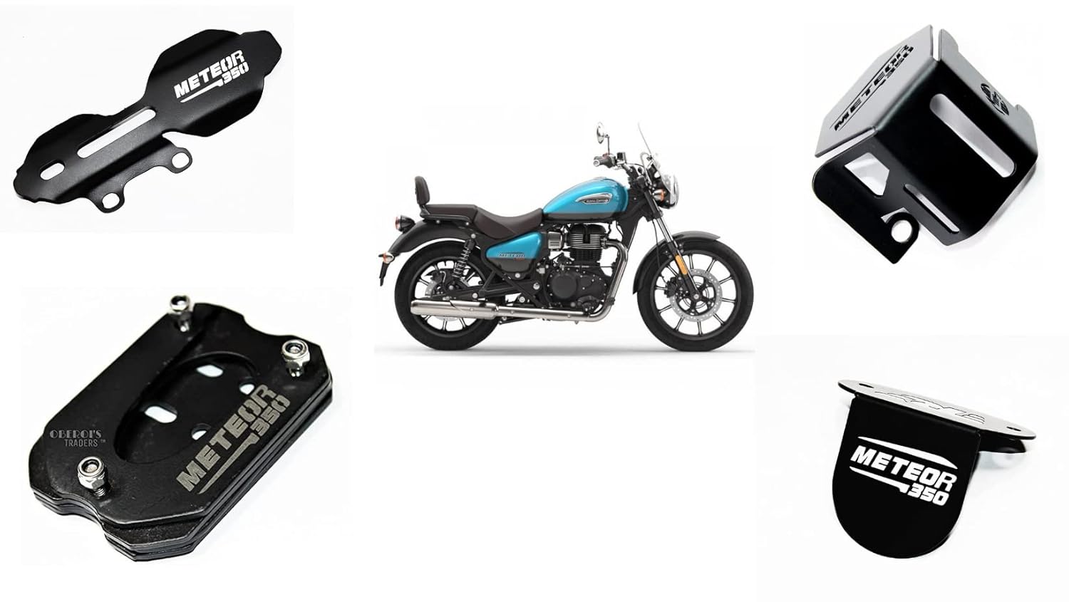 Mikanix Meteor 350 Master Cylinder Guard, Front Oil Reservoir Cap, Side Stand Extender and Rear Brake Oil Container Guard Accessories Combo (Pack of 4) 555