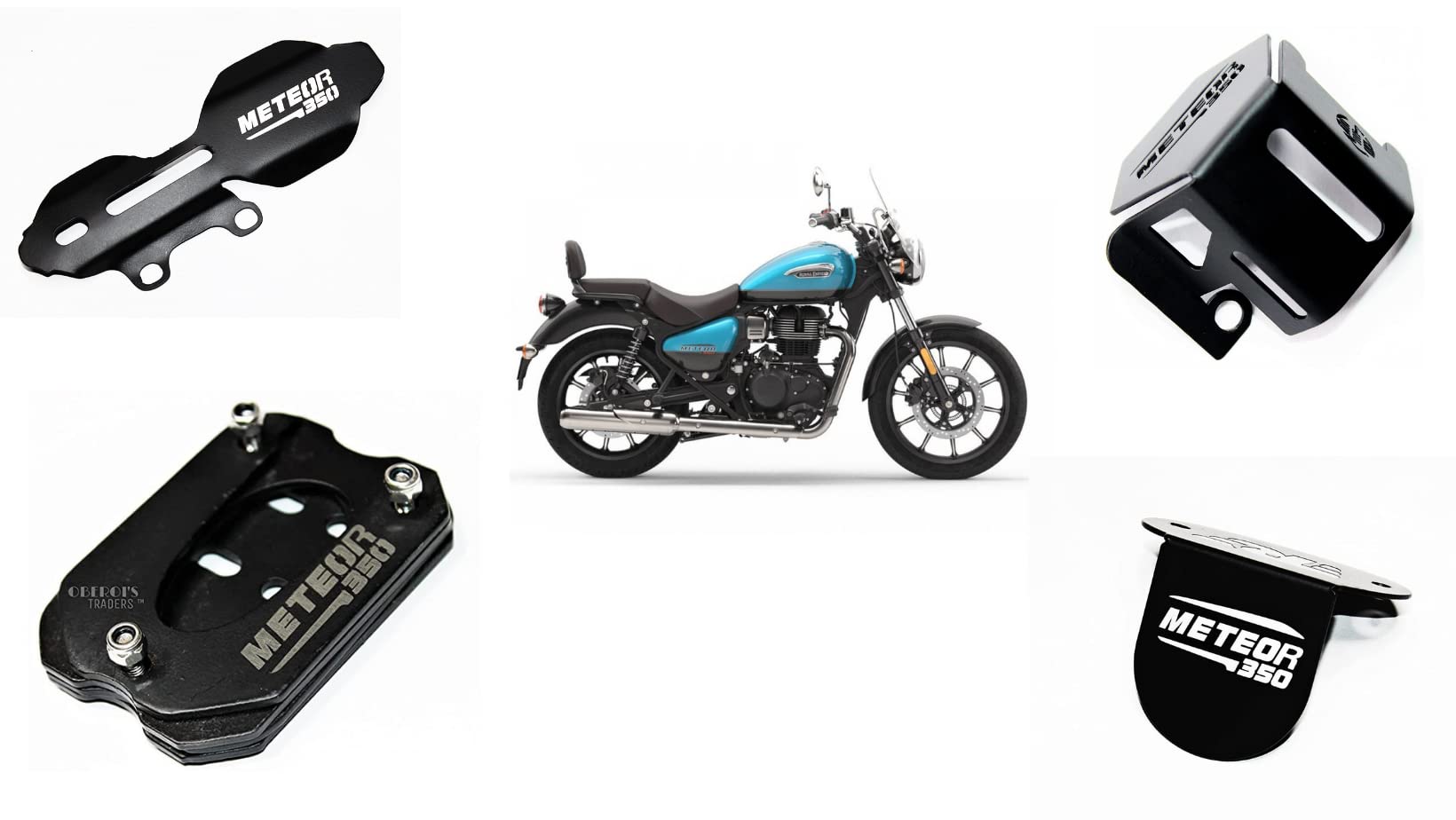OBEROI'S TRADERS Meteor 350 Master Cylinder Guard, Front Oil Reservoir Cap, Side Stand Extender And Rear Brake Oil Container Guard Combo Accessories