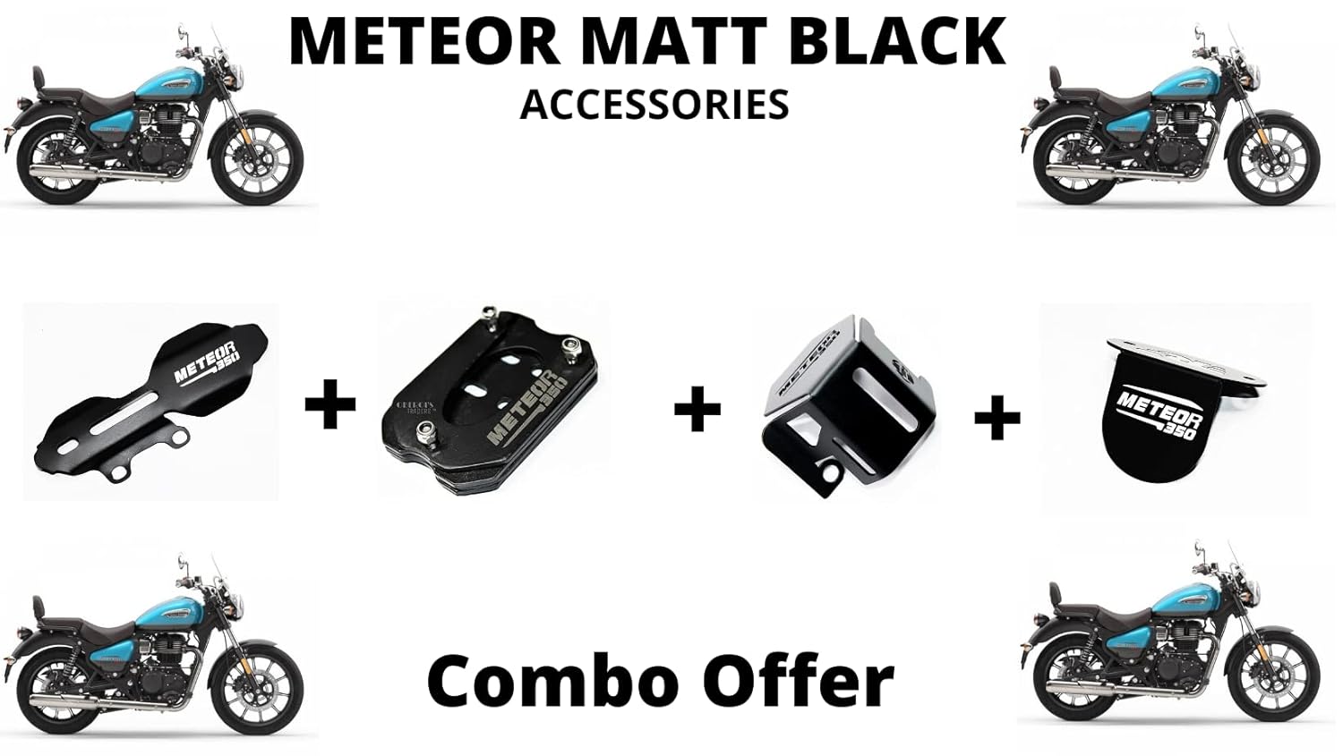 Mikanix Meteor 350 Master Cylinder Guard, Front Oil Reservoir Cap, Side Stand Extender and Rear Brake Oil Container Guard Accessories Combo (Pack of 4) 555