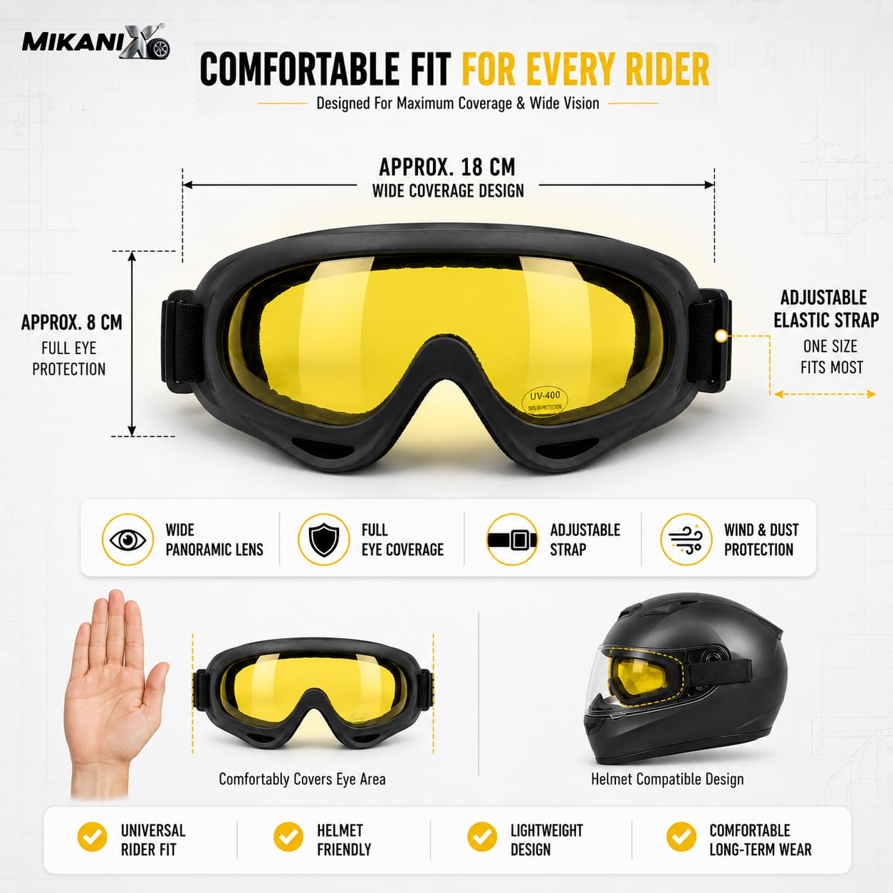 BRXR Motorcycle Riding Eyewear Helmet Goggles Anti Scratch | UV Protective Windproof Dirt Shield for Cycling, Bike Riding Off Road Racing and Outdoor Activities (Yellow)
