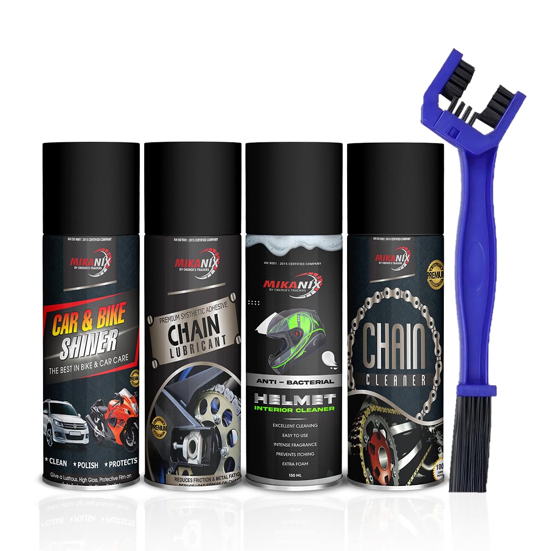 OBEROI'S TRADERS Combo Of Chain Cleaner + Chain Lube + Helmet Foam Cleaner + Car & Bike Polish Spray With Cleaning Brush | Cleans | Shines & Protects Chain | Helmet & Car Interior & Exterior Cleaning