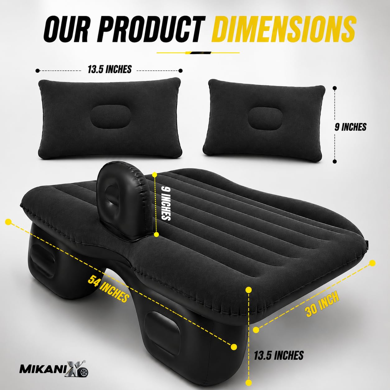 MIKANIX Inflatable Car Mattress Back Seat Air Bed for SUV, Sedan & Truck Travel | Portable Camping Air Mattress Bed with Portable Electric Air Pump, 2 Pillows, Repair Kit & Head Protection